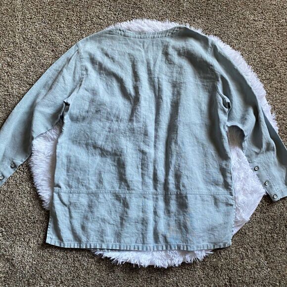 L.L. Bean Linen Button Front Thin Jacket Shacket Blue Womens Size Medium Petite - Picture 2 of 11